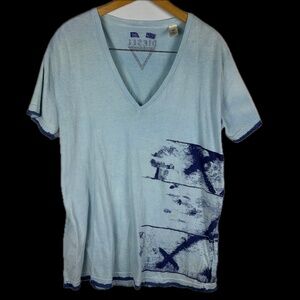 DIESEL Mens Short Sleeve V-neck T-shirt Sz L Blue Graphic 100% Cotton Breathable